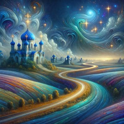 Primary subject: A colorful, surreal landscape featuring a road, a castle, and a sky filled with stars.

Setting/background: The scene is set in a fantasy world with a castle and a road that leads to it. The sky is filled with stars, creating a magical atmosphere.

Visual style: The image is a digital art piece, showcasing a vibrant and imaginative world.

Colors and mood: The colors in the image are predominantly blue, green,